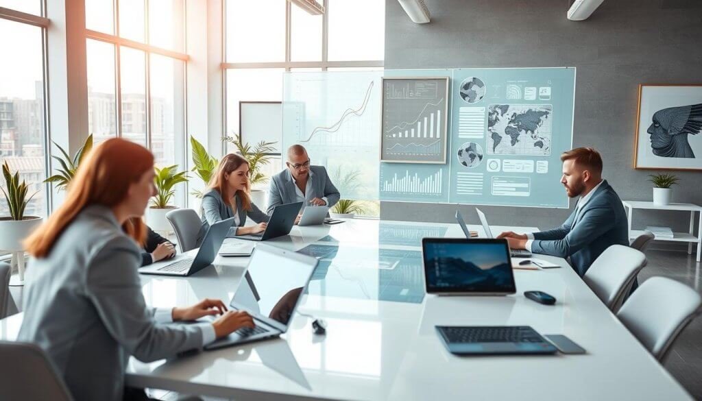 A dynamic office scene showcasing a sophisticated lead generation process. In the foreground, a diverse group of professionals in business attire is gathered around a large, sleek table, analyzing data on high-resolution laptops and digital tablets. The middle ground features a large transparent screen displaying complex graphs and flowcharts, symbolizing the flow of leads and efficient data handling. In the background, large windows allow natural light to flood the modern office space, illuminating potted plants and contemporary artwork, creating an energetic and collaborative mood. The scene is captured from a slightly elevated angle, emphasizing teamwork and technology's role in refining the lead generation process. The lighting is bright and inviting, fostering a sense of innovation and productivity. A dynamic office scene showcasing a sophisticated lead generation process. In the foreground, a diverse group of professionals in business attire is gathered around a large, sleek table, analyzing data on high-resolution laptops and digital tablets. The middle ground features a large transparent screen displaying complex graphs and flowcharts, symbolizing the flow of leads and efficient data handling. In the background, large windows allow natural light to flood the modern office space, illuminating potted plants and contemporary artwork, creating an energetic and collaborative mood. The scene is captured from a slightly elevated angle, emphasizing teamwork and technology's role in refining the lead generation process. The lighting is bright and inviting, fostering a sense of innovation and productivity.
