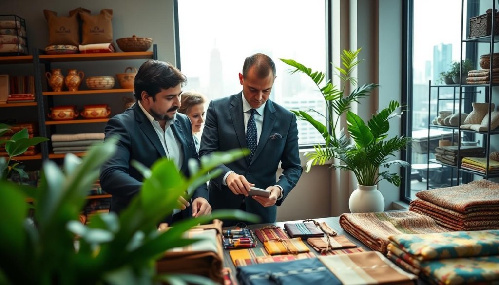 A dynamic scene depicting a group of diverse wholesale buyers engaged in a professional discussion in a modern business environment. In the foreground, two men and a woman, dressed in smart business attire, are examining product samples on a table, showcasing various textiles and handicrafts from India. In the middle ground, a large window reveals a city skyline, symbolizing international trade opportunities. Soft, natural light streams in, illuminating the buyers' focused expressions, while green plants add a touch of warmth. The background includes shelves displaying vibrant Indian products, enhancing the atmosphere of commerce and collaboration. The overall mood is industrious and optimistic, reflecting successful outreach efforts in global markets.