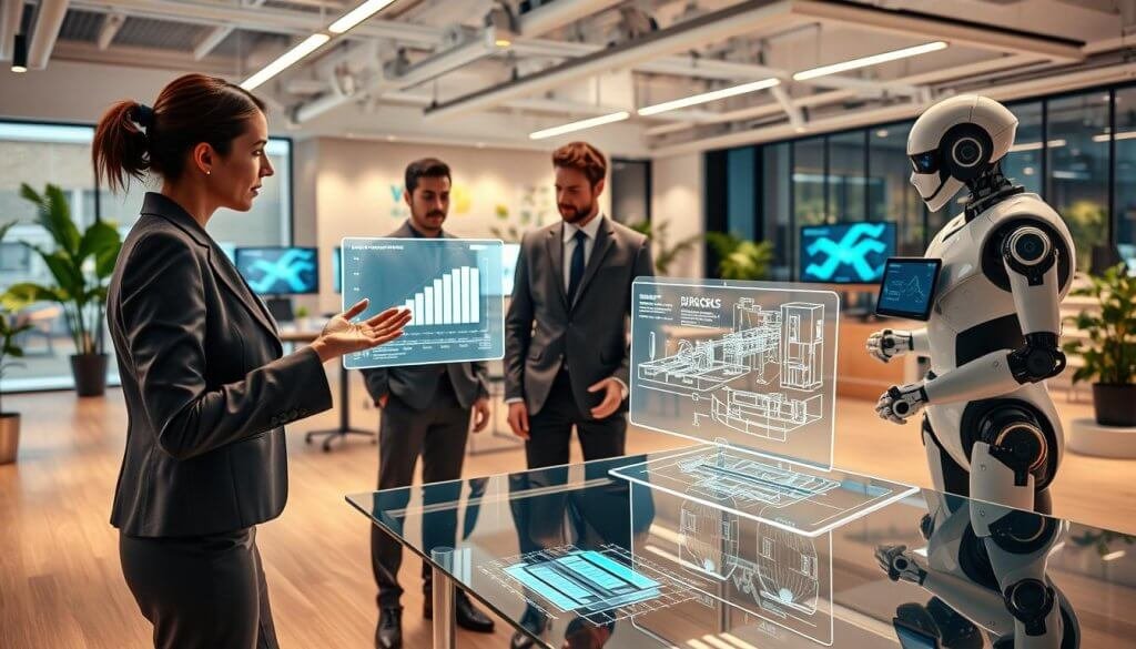 A futuristic office environment showcasing a team of diverse professionals interacting with sophisticated autonomous agents represented by sleek, humanoid robots and holographic interfaces. In the foreground, a woman in a smart business suit gestures towards a holographic display of product analytics, while a man in casual business attire examines a virtual blueprint projected above a glass table. The middle ground features interactive screens illustrating seamless collaboration between human and AI agents, while the background presents a modern, open workspace filled with greenery and advanced technology. Soft ambient lighting enhances the innovative atmosphere, highlighting the synergy of technology and human expertise. Capture this transitional moment with a dynamic angle from a slightly elevated perspective to evoke a sense of progress and collaboration. A futuristic office environment showcasing a team of diverse professionals interacting with sophisticated autonomous agents represented by sleek, humanoid robots and holographic interfaces. In the foreground, a woman in a smart business suit gestures towards a holographic display of product analytics, while a man in casual business attire examines a virtual blueprint projected above a glass table. The middle ground features interactive screens illustrating seamless collaboration between human and AI agents, while the background presents a modern, open workspace filled with greenery and advanced technology. Soft ambient lighting enhances the innovative atmosphere, highlighting the synergy of technology and human expertise. Capture this transitional moment with a dynamic angle from a slightly elevated perspective to evoke a sense of progress and collaboration.