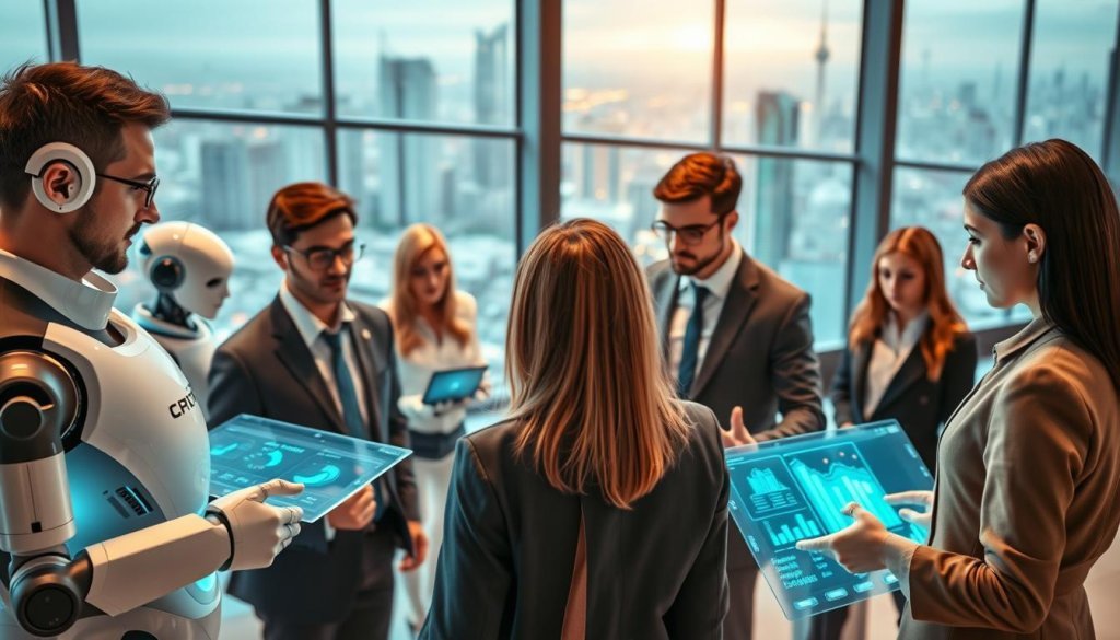 A futuristic office environment showcasing the integration of automation and AI in sales processes. In the foreground, a diverse group of business professionals in smart attire interact with advanced digital interfaces, analyzing data on holographic screens. The middle ground features sleek robotic systems and automated tools, interacting with the workforce to enhance efficiency. In the background, large windows reveal a bustling cityscape, symbolizing growth and opportunity. Soft, ambient lighting creates a modern and innovative atmosphere, while a wide-angle view captures the dynamic interactions. The color palette emphasizes blue and green tones to represent technology and sustainability, evoking a sense of progress and collaboration. A futuristic office environment showcasing the integration of automation and AI in sales processes. In the foreground, a diverse group of business professionals in smart attire interact with advanced digital interfaces, analyzing data on holographic screens. The middle ground features sleek robotic systems and automated tools, interacting with the workforce to enhance efficiency. In the background, large windows reveal a bustling cityscape, symbolizing growth and opportunity. Soft, ambient lighting creates a modern and innovative atmosphere, while a wide-angle view captures the dynamic interactions. The color palette emphasizes blue and green tones to represent technology and sustainability, evoking a sense of progress and collaboration.