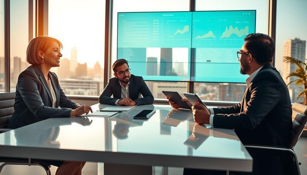 A group of diverse, high-intent buyers engaged in a serious discussion around a sleek conference table in a modern office setting. The foreground features three professionals in business attire: a confident female executive with short hair, a thoughtful male entrepreneur with glasses, and a tech-savvy individual with a tablet, all exchanging ideas. In the middle ground, a digital screen displays data analytics, emphasizing the importance of data-driven decisions. The background reveals a large window showcasing a city skyline, bathed in warm afternoon light that creates an inviting atmosphere. The use of a wide-angle lens captures the dynamic energy of the conversation while maintaining a professional and focused mood, highlighting the significance of vertical SaaS qualified conversations. A group of diverse, high-intent buyers engaged in a serious discussion around a sleek conference table in a modern office setting. The foreground features three professionals in business attire: a confident female executive with short hair, a thoughtful male entrepreneur with glasses, and a tech-savvy individual with a tablet, all exchanging ideas. In the middle ground, a digital screen displays data analytics, emphasizing the importance of data-driven decisions. The background reveals a large window showcasing a city skyline, bathed in warm afternoon light that creates an inviting atmosphere. The use of a wide-angle lens captures the dynamic energy of the conversation while maintaining a professional and focused mood, highlighting the significance of vertical SaaS qualified conversations.