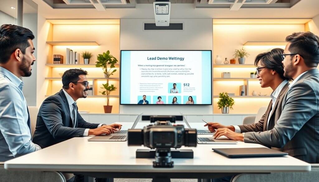 A modern and sleek office environment illustrates a scene dedicated to a webinar and live demo session. In the foreground, a diverse group of three professionals—two men and one woman—are engaged in a virtual presentation, dressed in smart business attire, with focused expressions. They are seated around a contemporary conference table, laptops open, displaying vibrant video feeds of attendees. In the middle ground, a large screen shows a visually engaging slide highlighting key lead generation strategies, while a high-quality camera captures the live demo. The background features soft-lit shelves with business books and plants, creating a welcoming atmosphere. The lighting is bright yet warm, evoking a sense of professionalism and collaboration, shot from a slightly elevated angle to capture the team’s interaction.