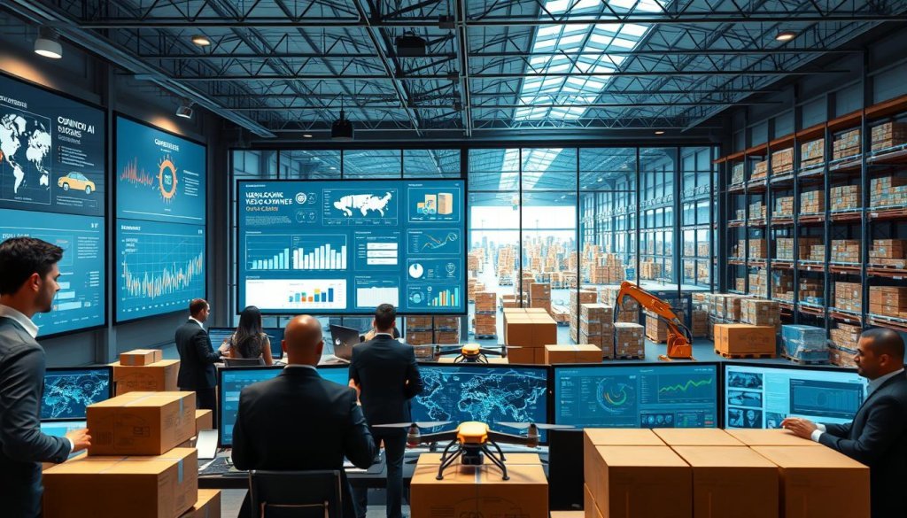 A modern logistics control room filled with advanced technology and visual data displays. In the foreground, a diverse group of professionals in smart business attire collaboratively analyze digital dashboards showing shipment flow, inventory levels, and geographic routes. The middle of the scene features large screens with flowcharts and AI analytics showcasing optimization strategies, while automated drones and robotic arms work seamlessly among stocked goods. In the background, large windows reveal a bustling warehouse and transportation hub, bathed in natural light that emphasizes a productive atmosphere. The entire composition conveys a sense of efficiency and innovation, demonstrating the integration of AI in inbound logistics optimization within the distribution value chain.