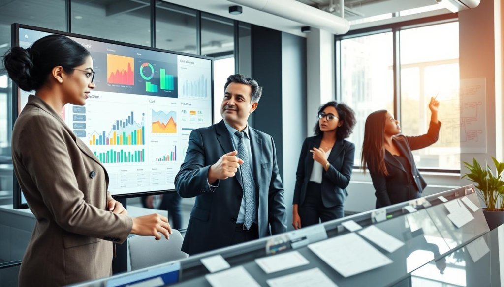 A modern office environment featuring a diverse group of professionals collaborating around a sleek, high-tech workstation. In the foreground, a South Asian woman in professional attire analyzes real-time data on a large screen, displaying vibrant graphs and lead metrics. Beside her, a middle-aged Caucasian man points at a digital dashboard, showcasing lead capture strategies. In the middle ground, another team member, a young Black woman, is jotting down ideas on a glass board filled with notes and flowcharts. The background is a bright, well-lit space with large windows, casting natural light over the scene. The atmosphere is dynamic and focused, conveying a sense of innovation and teamwork in the realm of high-ACV SaaS lead generation. A modern office environment featuring a diverse group of professionals collaborating around a sleek, high-tech workstation. In the foreground, a South Asian woman in professional attire analyzes real-time data on a large screen, displaying vibrant graphs and lead metrics. Beside her, a middle-aged Caucasian man points at a digital dashboard, showcasing lead capture strategies. In the middle ground, another team member, a young Black woman, is jotting down ideas on a glass board filled with notes and flowcharts. The background is a bright, well-lit space with large windows, casting natural light over the scene. The atmosphere is dynamic and focused, conveying a sense of innovation and teamwork in the realm of high-ACV SaaS lead generation.