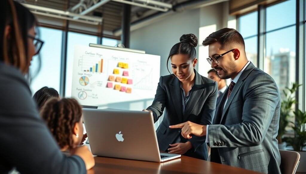 A modern office environment featuring a diverse group of professionals engaged in a strategy session focused on testing Ideal Customer Profiles (ICPs) and messaging. In the foreground, two professionals, a woman in a smart blazer and a man in a tailored suit, are analyzing data displayed on a laptop. They are pointing at charts and graphs that represent customer insights. In the middle ground, a whiteboard is filled with colorful post-it notes and sketches outlining their messaging strategy. The background showcases large windows with natural daylight pouring in, giving a fresh and vibrant atmosphere. Soft shadows add depth to the scene. The mood is collaborative and innovative, capturing the essence of leveraging data for effective business conversations. A modern office environment featuring a diverse group of professionals engaged in a strategy session focused on testing Ideal Customer Profiles (ICPs) and messaging. In the foreground, two professionals, a woman in a smart blazer and a man in a tailored suit, are analyzing data displayed on a laptop. They are pointing at charts and graphs that represent customer insights. In the middle ground, a whiteboard is filled with colorful post-it notes and sketches outlining their messaging strategy. The background showcases large windows with natural daylight pouring in, giving a fresh and vibrant atmosphere. Soft shadows add depth to the scene. The mood is collaborative and innovative, capturing the essence of leveraging data for effective business conversations.