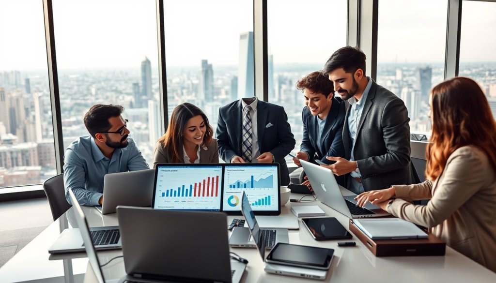 A modern office environment illustrating hybrid selling models, vividly showcasing diverse professionals engaged in collaborative discussions. In the foreground, a diverse group of three individuals—two men and one woman—dressed in professional business attire, are engaged in a brainstorming session over a table filled with digital devices like laptops and tablets. In the middle, digital screens display graphs and charts, symbolizing online tools and analytics in a dynamic workspace. The background features a panoramic view of a bustling cityscape through large windows, with soft, natural light flooding in, creating an open and inviting atmosphere. The mood is energetic and focused, emphasizing the balance between personal connections and digital innovation in the wholesale market.