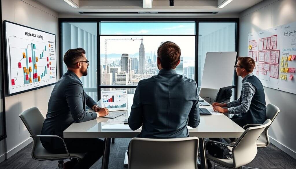 A modern office environment showcases a lead generation team in action. In the foreground, a diverse group of three professionals, two men and one woman, dressed in smart casual attire, are engaged in a dynamic brainstorming session around a sleek conference table. They analyze graphs and charts projected on a large screen, depicting high-ACV pipeline strategies. In the middle, a large window reveals a bustling city skyline, with natural light flooding the room, enhancing the atmosphere of productivity and collaboration. The background features whiteboards filled with colorful sticky notes and strategic plans, contributing to a sense of urgency and focus. The overall mood is energetic and forward-thinking, symbolizing the challenges high-ACV teams face with generic lead generation methods. A modern office environment showcases a lead generation team in action. In the foreground, a diverse group of three professionals, two men and one woman, dressed in smart casual attire, are engaged in a dynamic brainstorming session around a sleek conference table. They analyze graphs and charts projected on a large screen, depicting high-ACV pipeline strategies. In the middle, a large window reveals a bustling city skyline, with natural light flooding the room, enhancing the atmosphere of productivity and collaboration. The background features whiteboards filled with colorful sticky notes and strategic plans, contributing to a sense of urgency and focus. The overall mood is energetic and forward-thinking, symbolizing the challenges high-ACV teams face with generic lead generation methods.
