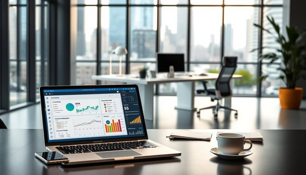 A modern office environment showcasing a variety of lead generation tools used in AI SaaS. In the foreground, a sleek laptop displays a colorful dashboard filled with analytics and metrics, surrounded by a smartphone and tablet, symbolizing mobile accessibility. The middle layer includes modern office furniture, like a stylish desk and ergonomic chair, with a cup of coffee and notepad nearby, reflecting a productive workspace. In the background, large windows let in natural light, revealing a bustling cityscape, creating an energetic atmosphere. The scene should convey innovation and professionalism, with a clean and organized look, emphasizing the role of AI in enhancing workflows. Use soft lighting to evoke a sense of focus and efficiency. A modern office environment showcasing a variety of lead generation tools used in AI SaaS. In the foreground, a sleek laptop displays a colorful dashboard filled with analytics and metrics, surrounded by a smartphone and tablet, symbolizing mobile accessibility. The middle layer includes modern office furniture, like a stylish desk and ergonomic chair, with a cup of coffee and notepad nearby, reflecting a productive workspace. In the background, large windows let in natural light, revealing a bustling cityscape, creating an energetic atmosphere. The scene should convey innovation and professionalism, with a clean and organized look, emphasizing the role of AI in enhancing workflows. Use soft lighting to evoke a sense of focus and efficiency.