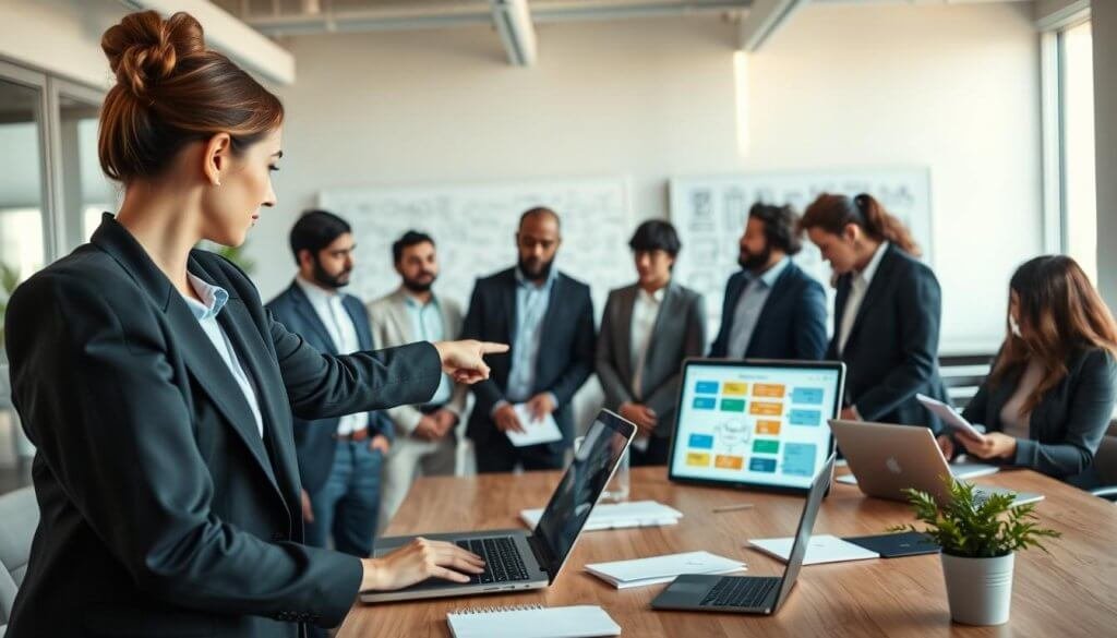 A modern office environment showing a diverse team of professionals engaged in a collaborative meeting. In the foreground, a woman in a smart business suit points at a laptop screen displaying a colorful flowchart representing a "human-in-the-loop validation schema." In the middle, a diverse group of men and women, also in business attire, are attentively observing and discussing the chart, with notes and laptops open in front of them. The background shows a bright, airy office space with large windows letting in natural light, and a whiteboard filled with brainstorming ideas. The mood is focused and innovative, capturing the essence of teamwork and technology in a SaaS context. Soft lighting enhances the professional atmosphere, with a slight depth of field effect to emphasize the human engagement in the foreground. A modern office environment showing a diverse team of professionals engaged in a collaborative meeting. In the foreground, a woman in a smart business suit points at a laptop screen displaying a colorful flowchart representing a "human-in-the-loop validation schema." In the middle, a diverse group of men and women, also in business attire, are attentively observing and discussing the chart, with notes and laptops open in front of them. The background shows a bright, airy office space with large windows letting in natural light, and a whiteboard filled with brainstorming ideas. The mood is focused and innovative, capturing the essence of teamwork and technology in a SaaS context. Soft lighting enhances the professional atmosphere, with a slight depth of field effect to emphasize the human engagement in the foreground.