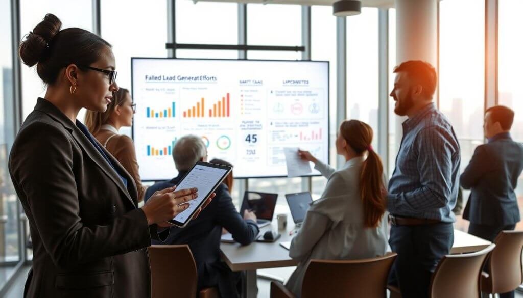 A modern office environment with a diverse group of professionals engaged in a brainstorming session about lead generation strategies. In the foreground, a focused woman in a business suit, analyzing data on a tablet, while another professional, a man in business casual attire, presents ideas on a large digital screen displaying graphs and statistics related to failed lead generation efforts. The middle ground features a whiteboard filled with notes and diagrams, emphasizing outdated methods. The background shows large windows with a view of a city skyline, bathed in natural light that creates a productive atmosphere. The overall mood is one of collaboration and urgency, highlighting the challenges faced by software teams. A modern office environment with a diverse group of professionals engaged in a brainstorming session about lead generation strategies. In the foreground, a focused woman in a business suit, analyzing data on a tablet, while another professional, a man in business casual attire, presents ideas on a large digital screen displaying graphs and statistics related to failed lead generation efforts. The middle ground features a whiteboard filled with notes and diagrams, emphasizing outdated methods. The background shows large windows with a view of a city skyline, bathed in natural light that creates a productive atmosphere. The overall mood is one of collaboration and urgency, highlighting the challenges faced by software teams.
