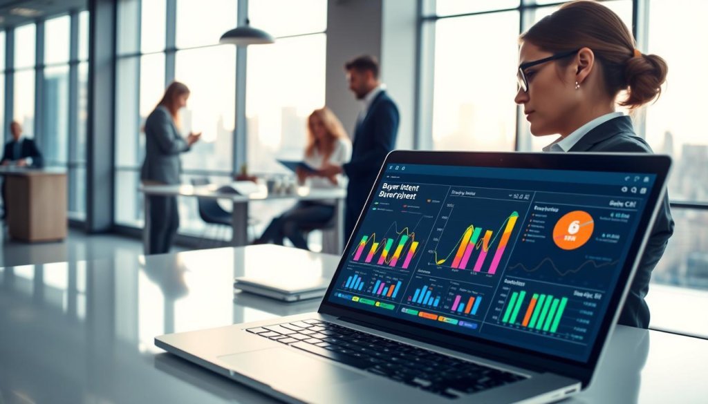 A modern office environment with a focus on CRM data analysis. In the foreground, a sleek laptop displays graphical charts with vibrant colors illustrating buyer intent metrics and sales pipelines, while a professional in business attire studies the data. In the middle ground, a collaborative workspace with colleagues discussing strategies over digital tablets and documents, emphasizing teamwork. The background features a large window showcasing a city skyline, bathed in soft morning light, creating an uplifting atmosphere. The scene is well-lit, capturing the essence of productivity and strategic planning in a dynamic business setting. The overall mood is one of focused determination and insightful analysis, highlighting the challenges of understanding buyer intent within CRM data. A modern office environment with a focus on CRM data analysis. In the foreground, a sleek laptop displays graphical charts with vibrant colors illustrating buyer intent metrics and sales pipelines, while a professional in business attire studies the data. In the middle ground, a collaborative workspace with colleagues discussing strategies over digital tablets and documents, emphasizing teamwork. The background features a large window showcasing a city skyline, bathed in soft morning light, creating an uplifting atmosphere. The scene is well-lit, capturing the essence of productivity and strategic planning in a dynamic business setting. The overall mood is one of focused determination and insightful analysis, highlighting the challenges of understanding buyer intent within CRM data.