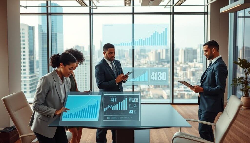 A modern office environment with a seamless blend of technology and human engagement. In the foreground, a diverse group of three professionals, dressed in smart business attire, are collaboratively analyzing data on laptops and tablets, showcasing teamwork in research. The middle ground features a large digital display with graphs and AI data visualizations, symbolizing automation in outbound sales research. The background reveals large windows with a cityscape view, allowing natural light to flow in, giving a vibrant yet focused atmosphere. Soft, warm lighting enhances the mood, making the scene inviting and productive. The angle should be slightly elevated, offering a panoramic view that captures both the human and technological aspects of the scene. A modern office environment with a seamless blend of technology and human engagement. In the foreground, a diverse group of three professionals, dressed in smart business attire, are collaboratively analyzing data on laptops and tablets, showcasing teamwork in research. The middle ground features a large digital display with graphs and AI data visualizations, symbolizing automation in outbound sales research. The background reveals large windows with a cityscape view, allowing natural light to flow in, giving a vibrant yet focused atmosphere. Soft, warm lighting enhances the mood, making the scene inviting and productive. The angle should be slightly elevated, offering a panoramic view that captures both the human and technological aspects of the scene.
