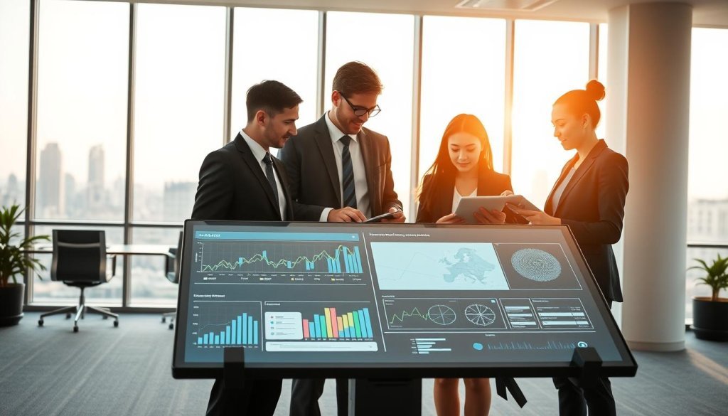 A modern office environment with a sleek, minimalist design showcasing professionals collaborating on automating research workflows. In the foreground, a diverse group of three business professionals, dressed in smart business attire, are engaged around a digital display showing graphs and data analytics. The middle ground features advanced technology tools like laptops, tablets, and a large touchscreen interface, emphasizing intelligent data processing. In the background, large windows let in natural light, creating a bright atmosphere with a view of a city skyline, symbolizing innovation. Soft, focused lighting highlights the team’s collaborative spirit, conveying a sense of efficiency and forward-thinking. The overall mood is dynamic and productive, reflecting the integration of AI technology in research processes.