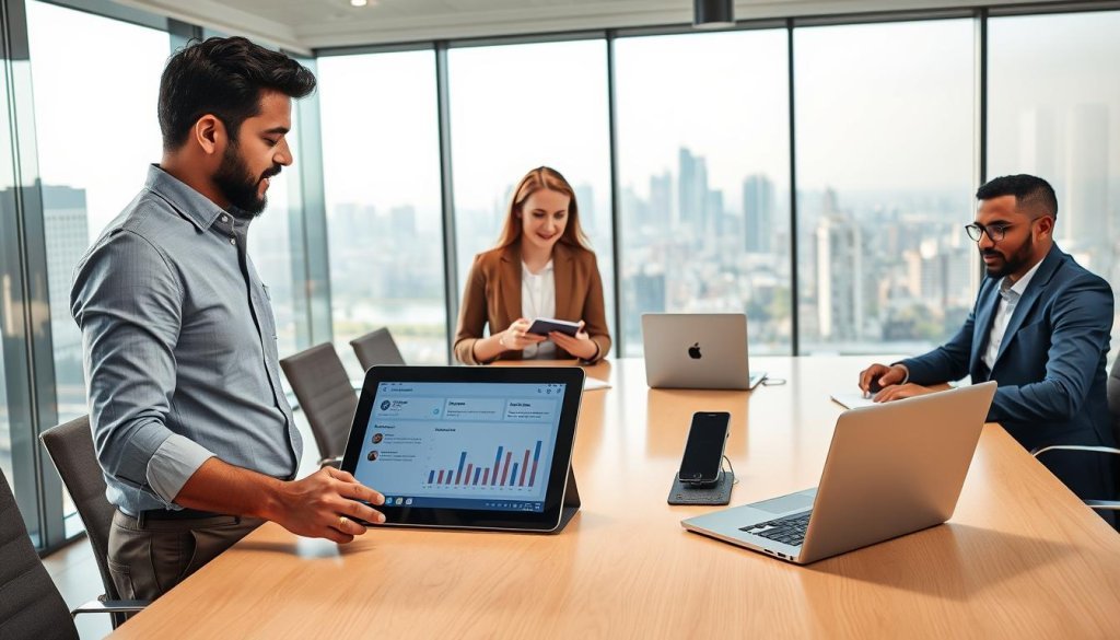 A modern office environment with diverse professionals engaged in animated discussions around a sleek conference table, symbolizing scaling conversations with automation. In the foreground, a South Asian entrepreneur, dressed in smart casual attire, gestures towards a digital tablet displaying graphs and chat interfaces. In the middle ground, a Caucasian woman takes notes, while a Black man manages a laptop connected to automated chat software, showcasing the intersection of human interaction and technology. The background features a large window with a city skyline, illuminated by soft, natural light filtering in, creating a collaborative and innovative atmosphere. The scene conveys a sense of productivity and teamwork, focused on leveraging AI tools for global business conversations.