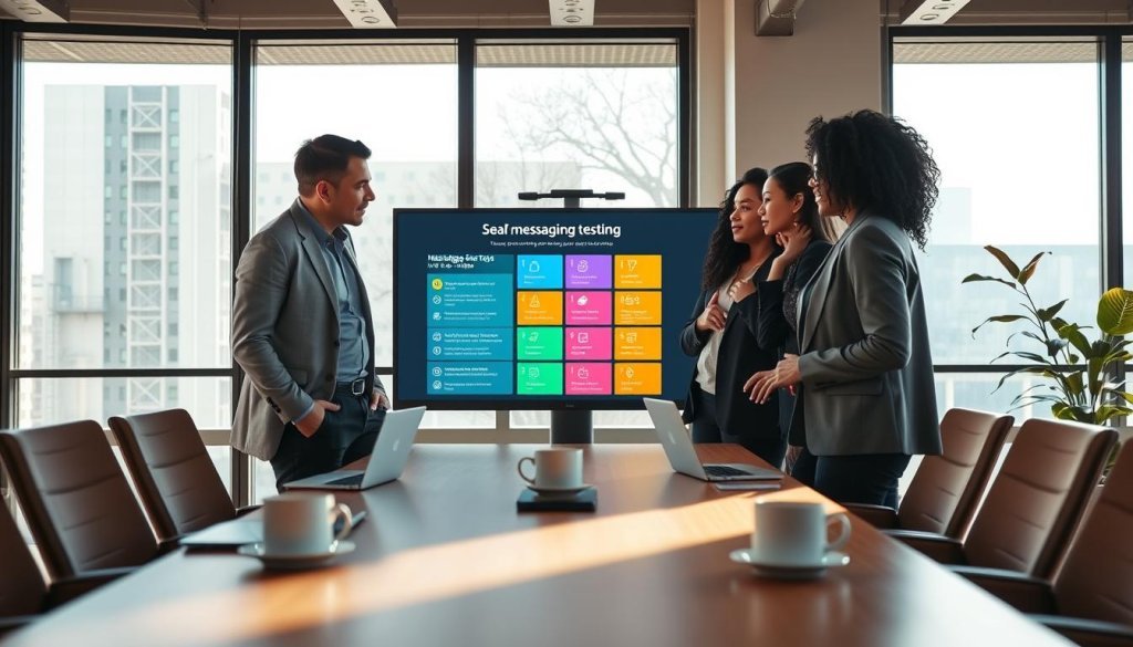 A modern office scene depicting a team of diverse professionals engaged in messaging testing for AI SaaS solutions. In the foreground, a multi-ethnic group of three individuals, dressed in smart-casual business attire, are gathered around a large digital screen displaying a colorful infographic with messaging strategies. The middle ground features a sleek conference table with laptops and coffee cups, symbolizing a collaborative environment. In the background, large windows allow natural light to flood the space, creating an inviting atmosphere. Soft shadows add depth, while a warm color palette conveys productivity and positivity. The camera angle is slightly elevated, showcasing the dynamic interaction and focus of the team as they brainstorm and refine buyer wedges.