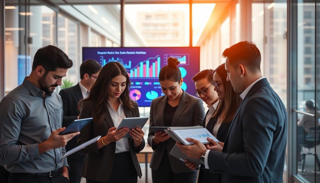 A modern office scene showcasing data-driven sales analytics. In the foreground, a diverse professional team, dressed in business attire, analyzes graphs on tablets and laptops, engaged in focused discussions. In the middle ground, a large digital screen displays colorful data visualizations—bar graphs, pie charts, and trend lines—illuminated by soft blue and green lighting. The background features a sleek, contemporary office environment with glass walls and city views. A sense of collaboration and innovation pervades the atmosphere, with warm, natural light streaming through the windows, creating a dynamic and inspiring workspace. The overall mood is professional yet energetic, emphasizing the power of data in refining sales strategies. A modern office scene showcasing data-driven sales analytics. In the foreground, a diverse professional team, dressed in business attire, analyzes graphs on tablets and laptops, engaged in focused discussions. In the middle ground, a large digital screen displays colorful data visualizations—bar graphs, pie charts, and trend lines—illuminated by soft blue and green lighting. The background features a sleek, contemporary office environment with glass walls and city views. A sense of collaboration and innovation pervades the atmosphere, with warm, natural light streaming through the windows, creating a dynamic and inspiring workspace. The overall mood is professional yet energetic, emphasizing the power of data in refining sales strategies.