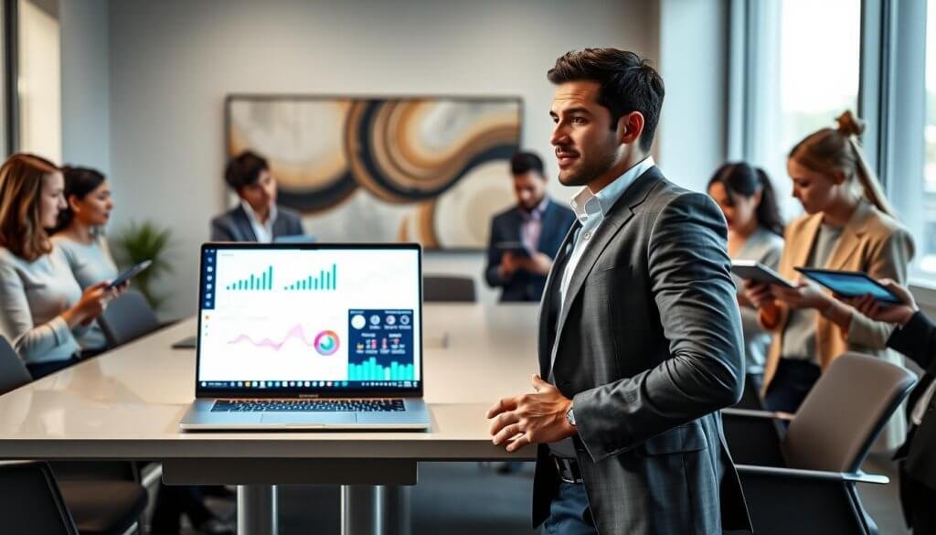 A modern office setting with a confident business professional in smart attire, standing at a sleek conference table. In the foreground, a laptop displays vibrant analytics and automated insights, while the individual gazes thoughtfully at the data. Surrounding the table, several diverse colleagues engaged in discussion, each holding digital tablets showcasing visual data representations. The middle background features a large window with soft natural lighting streaming in, creating a warm and collaborative atmosphere. The space is decorated with contemporary artwork, symbolizing creativity and innovation. The mood is balanced and focused, embodying the synergy between human judgment and technology-driven insights. Capture the scene from a slightly elevated angle to emphasize both the people and technology harmoniously interacting. A modern office setting with a confident business professional in smart attire, standing at a sleek conference table. In the foreground, a laptop displays vibrant analytics and automated insights, while the individual gazes thoughtfully at the data. Surrounding the table, several diverse colleagues engaged in discussion, each holding digital tablets showcasing visual data representations. The middle background features a large window with soft natural lighting streaming in, creating a warm and collaborative atmosphere. The space is decorated with contemporary artwork, symbolizing creativity and innovation. The mood is balanced and focused, embodying the synergy between human judgment and technology-driven insights. Capture the scene from a slightly elevated angle to emphasize both the people and technology harmoniously interacting.