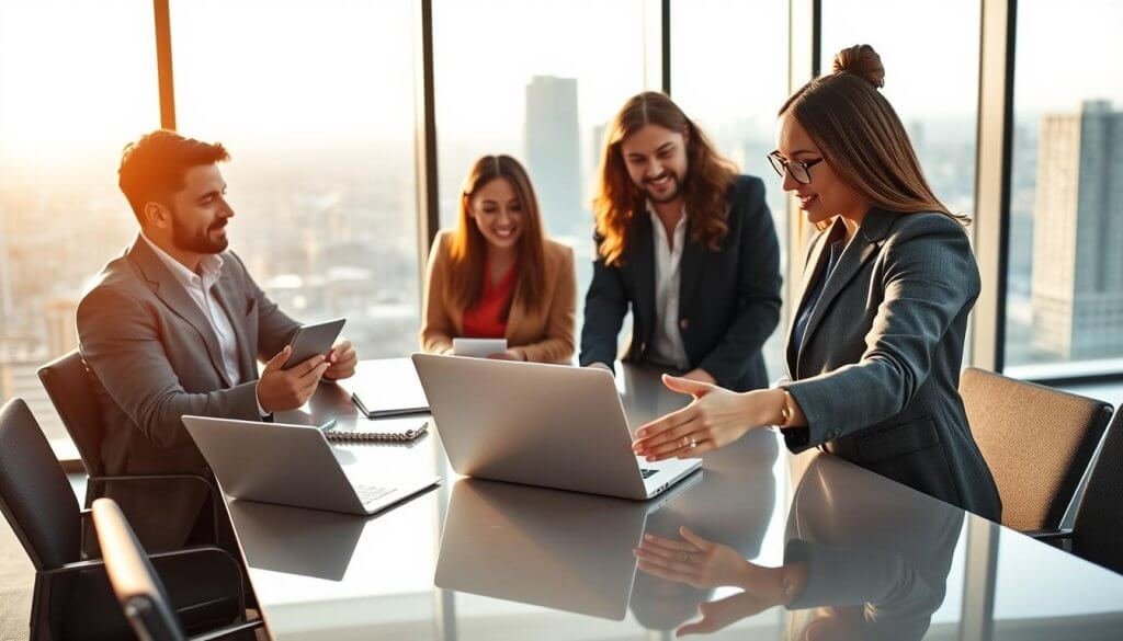 A modern office setting with a diverse group of four professionals engaged in a collaborative discussion around a sleek conference table. In the foreground, a confident woman in business attire gestures towards a laptop, highlighting nurturing sales strategies displayed on the screen. To the left, a thoughtful man, wearing a smart casual outfit, takes notes on a tablet while listening intently. In the background, a large window shows a panoramic cityscape, with warm natural light flooding the room, creating an inviting atmosphere. The overall mood conveys teamwork, innovation, and a focus on building relationships in sales. The camera angle is slightly elevated, capturing the dynamic interaction between the individuals while ensuring the emphasis remains on a positive, nurturing sales environment. The lighting is bright yet soft, enhancing the professional yet welcoming ambiance of the scene. A modern office setting with a diverse group of four professionals engaged in a collaborative discussion around a sleek conference table. In the foreground, a confident woman in business attire gestures towards a laptop, highlighting nurturing sales strategies displayed on the screen. To the left, a thoughtful man, wearing a smart casual outfit, takes notes on a tablet while listening intently. In the background, a large window shows a panoramic cityscape, with warm natural light flooding the room, creating an inviting atmosphere. The overall mood conveys teamwork, innovation, and a focus on building relationships in sales. The camera angle is slightly elevated, capturing the dynamic interaction between the individuals while ensuring the emphasis remains on a positive, nurturing sales environment. The lighting is bright yet soft, enhancing the professional yet welcoming ambiance of the scene.