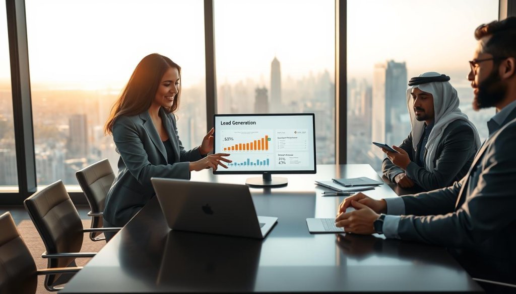 A modern office setting with a diverse group of professionals engaged in a collaborative meeting around a sleek conference table. In the foreground, a South Asian woman in a smart blazer discusses strategies while pointing at a digital presentation on a laptop displaying lead generation metrics. To her right, a Middle-Eastern man takes notes, exuding focus and engagement. The background features a large window showcasing a sprawling city skyline bathed in warm, early morning light, creating an inspiring atmosphere. Soft shadows hint at the early sunlight filtering in, enhancing the professional vibe. The overall mood is dynamic and forward-thinking, emphasizing teamwork and innovative messaging strategies for global buyers in the SaaS domain.