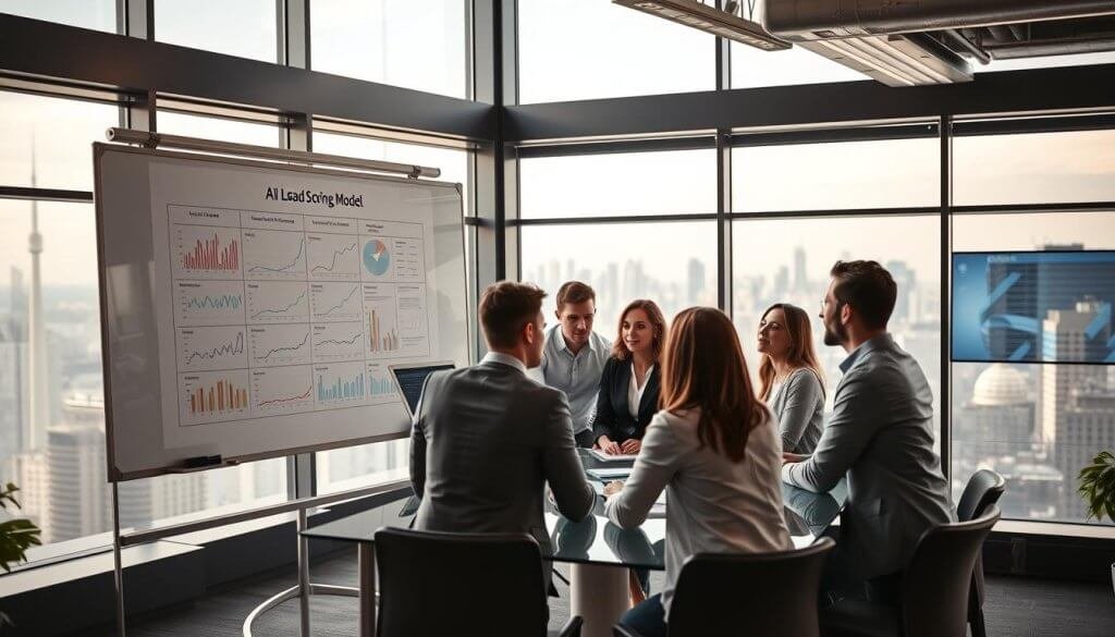 A modern office space designed for a tech startup, with a sleek whiteboard displaying a lead scoring model filled with graphs and analytics. In the foreground, a group of diverse professionals in business attire collaborates around a glass table, engaging in discussion about AI and sales development strategies. The middle ground features digital screens showcasing data visualizations with dynamic metrics. The background shows large windows with natural light flooding the room, highlighting a vibrant cityscape outside. The atmosphere is focused and energetic, conveying the importance of streamlining processes to reduce cognitive load on lean teams. Soft, warm lighting enhances the collaborative mood, while a slight depth of field blurs the distant city, emphasizing the team’s work.