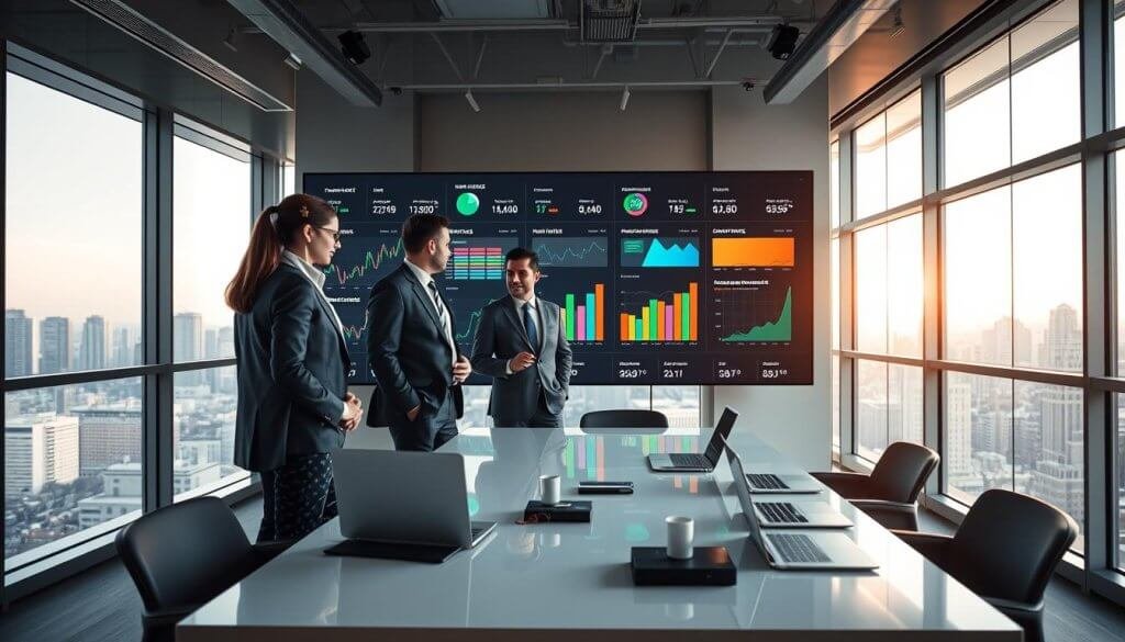 A modern office space featuring a large digital screen displaying colorful pipeline-driven metrics such as graphs and charts. In the foreground, a diverse group of three professionals in business attire stands around a sleek conference table, analyzing the data intently. The middle ground showcases a high-tech work environment, with laptops and data visualization tools scattered across the table. The background reveals floor-to-ceiling windows offering a panoramic view of a bustling city skyline, bathed in soft afternoon light. The mood is focused and collaborative, emphasizing the importance of metrics in a strategic business setting. Utilize a wide-angle lens for depth, capturing the dynamic interaction between the team and the digital metrics. A modern office space featuring a large digital screen displaying colorful pipeline-driven metrics such as graphs and charts. In the foreground, a diverse group of three professionals in business attire stands around a sleek conference table, analyzing the data intently. The middle ground showcases a high-tech work environment, with laptops and data visualization tools scattered across the table. The background reveals floor-to-ceiling windows offering a panoramic view of a bustling city skyline, bathed in soft afternoon light. The mood is focused and collaborative, emphasizing the importance of metrics in a strategic business setting. Utilize a wide-angle lens for depth, capturing the dynamic interaction between the team and the digital metrics.