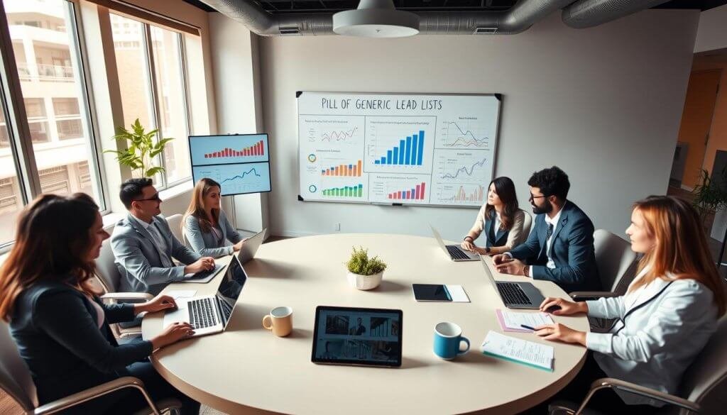 A modern office space reflecting productivity, featuring a large round table in the foreground surrounded by diverse professionals in business attire, engaged in a strategic brainstorming session. On the table are laptops, notepads, and coffee cups, symbolizing collaboration and the pursuit of quality leads. The middle ground showcases a whiteboard filled with colorful charts and graphs highlighting the pitfalls of generic lead lists, while interactive digital screens display data analytics. The background is softly illuminated with natural light streaming through large windows, creating an inviting and focused atmosphere. The camera angle is slightly overhead to capture the dynamics of the team working together, emphasizing the importance of personalized lead generation over generic approaches. A modern office space reflecting productivity, featuring a large round table in the foreground surrounded by diverse professionals in business attire, engaged in a strategic brainstorming session. On the table are laptops, notepads, and coffee cups, symbolizing collaboration and the pursuit of quality leads. The middle ground showcases a whiteboard filled with colorful charts and graphs highlighting the pitfalls of generic lead lists, while interactive digital screens display data analytics. The background is softly illuminated with natural light streaming through large windows, creating an inviting and focused atmosphere. The camera angle is slightly overhead to capture the dynamics of the team working together, emphasizing the importance of personalized lead generation over generic approaches.