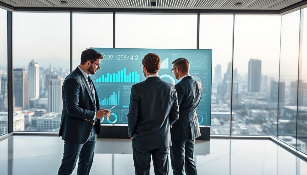 A modern, sleek office environment showcasing the concept of operational efficiency through a dynamic visual metaphor. In the foreground, a diverse group of three professionals dressed in smart business attire, collaborating over a digital dashboard filled with graphs and data analytics. In the middle ground, a large, transparent screen displays live AI-generated insights and optimization metrics. The background features a panoramic view of a bustling city skyline, symbolizing growth and innovation. Soft, natural lighting floods the room, enhancing a sense of clarity and focus. The atmosphere is energetic yet professional, reflecting a harmonious blend of human intelligence and artificial intelligence driving operational efficiency. The composition should be captured using a wide-angle lens to emphasize the interconnectedness of the elements. A modern, sleek office environment showcasing the concept of operational efficiency through a dynamic visual metaphor. In the foreground, a diverse group of three professionals dressed in smart business attire, collaborating over a digital dashboard filled with graphs and data analytics. In the middle ground, a large, transparent screen displays live AI-generated insights and optimization metrics. The background features a panoramic view of a bustling city skyline, symbolizing growth and innovation. Soft, natural lighting floods the room, enhancing a sense of clarity and focus. The atmosphere is energetic yet professional, reflecting a harmonious blend of human intelligence and artificial intelligence driving operational efficiency. The composition should be captured using a wide-angle lens to emphasize the interconnectedness of the elements.