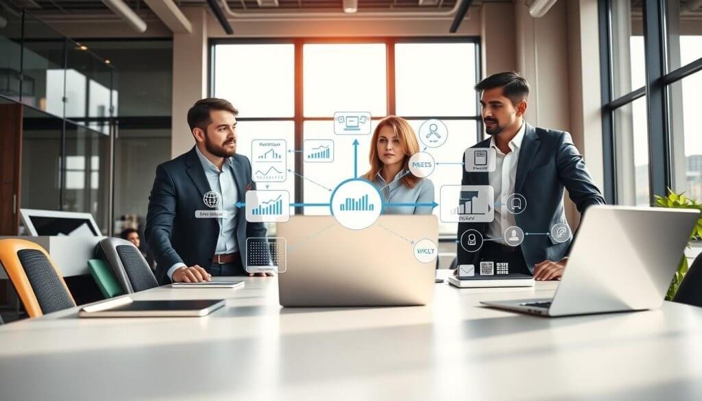A modern, stylish office environment serves as the backdrop, featuring a sleek conference table with laptops and digital devices displaying charts and integration processes. In the foreground, a diverse group of three professionals—two men and one woman—are intently discussing technical sales integration strategies, dressed in smart business attire. The middle layer showcases a digital display or whiteboard filled with interconnected diagrams illustrating the integration of various sales tools, including CRM software and AI analytics platforms. Soft, natural lighting pours in from large windows, creating a bright and focused atmosphere. A low-angle perspective captures the dynamic collaboration, enhancing the feeling of innovation and teamwork. Overall, the mood is professional and forward-thinking, emphasizing the importance of effective technical integration in sales operations. A modern, stylish office environment serves as the backdrop, featuring a sleek conference table with laptops and digital devices displaying charts and integration processes. In the foreground, a diverse group of three professionals—two men and one woman—are intently discussing technical sales integration strategies, dressed in smart business attire. The middle layer showcases a digital display or whiteboard filled with interconnected diagrams illustrating the integration of various sales tools, including CRM software and AI analytics platforms. Soft, natural lighting pours in from large windows, creating a bright and focused atmosphere. A low-angle perspective captures the dynamic collaboration, enhancing the feeling of innovation and teamwork. Overall, the mood is professional and forward-thinking, emphasizing the importance of effective technical integration in sales operations.