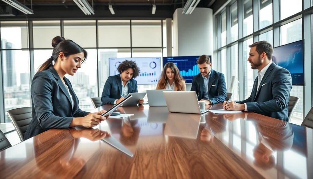 A modern, upscale office environment showcasing a diverse team of professionals engaged in dynamic sales discussions around a large conference table. In the foreground, a confident woman in business attire is presenting data on a sleek digital tablet, while a man in a tailored suit actively listens, jotting down notes. The middle ground captures two other team members—a woman and a man—collaborating on a laptop, brainstorming ideas with visible enthusiasm. The background features large windows with city views, allowing natural light to flood the room, creating a vibrant, engaging atmosphere. Elements like charts and graphs on nearby screens emphasize the theme of accelerating sales conversations. The overall mood is energetic and focused, highlighting professionalism and collaboration.