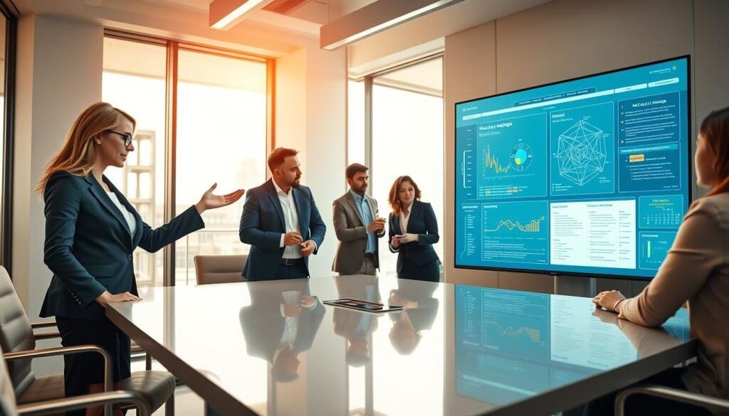 A professional business environment showcasing a diverse team of individuals collaborating around a sleek conference table. In the foreground, a confident woman in smart business attire gestures towards a large digital screen displaying complex data visualizations and natural language processing algorithms. In the middle, engaged team members analyze the screen's content, exchanging ideas and pointing to key points. The background features a modern office space with large windows allowing soft, natural light to fill the room, creating an inviting atmosphere. Warm tones provide a sense of optimism and focus, while subtle reflections on the table hint at the innovative technology transitioning natural language into actionable sales insights. The image captures the essence of teamwork, technology, and ambition without any text or distractions. A professional business environment showcasing a diverse team of individuals collaborating around a sleek conference table. In the foreground, a confident woman in smart business attire gestures towards a large digital screen displaying complex data visualizations and natural language processing algorithms. In the middle, engaged team members analyze the screen's content, exchanging ideas and pointing to key points. The background features a modern office space with large windows allowing soft, natural light to fill the room, creating an inviting atmosphere. Warm tones provide a sense of optimism and focus, while subtle reflections on the table hint at the innovative technology transitioning natural language into actionable sales insights. The image captures the essence of teamwork, technology, and ambition without any text or distractions.