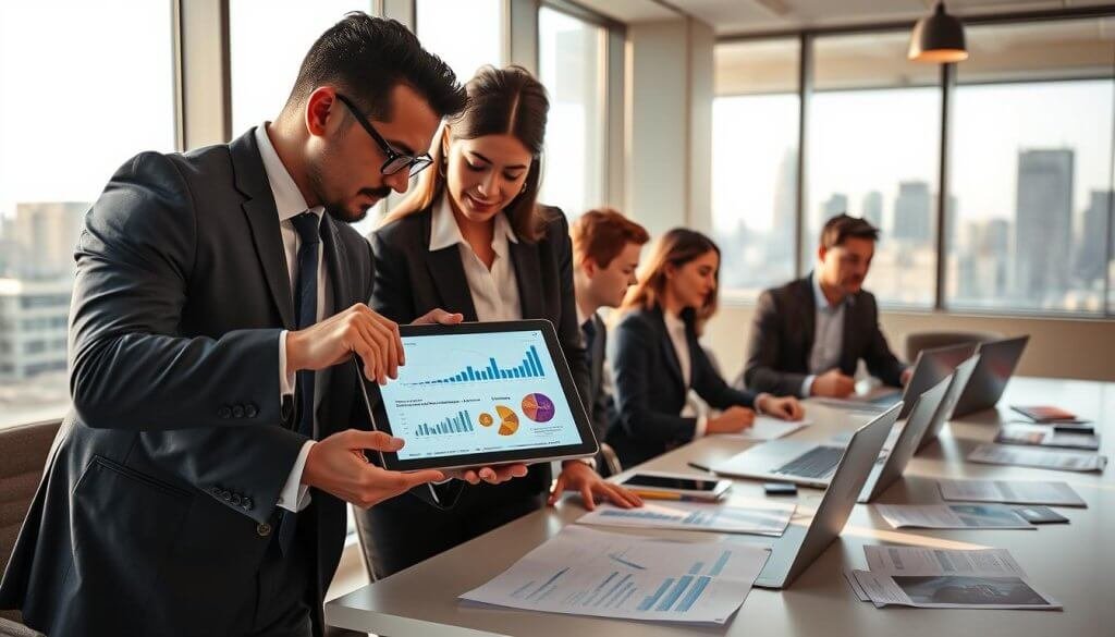 A professional business meeting in a modern office setting, showcasing a diverse group of business professionals brainstorming. In the foreground, a male and female team member, both dressed in sharp business attire, are engaged in a deep discussion over a digital tablet displaying data visualizations related to buyer strategies and sales metrics. The middle ground features a sleek conference table with laptops, graphs, and marketing materials scattered about, symbolizing the crafting of a buyer wedge. The background reveals a large window with a city skyline, allowing soft natural light to illuminate the space, creating an atmosphere of collaboration and innovation. The overall mood is focused and productive, highlighting the importance of strategic thinking in sales. A professional business meeting in a modern office setting, showcasing a diverse group of business professionals brainstorming. In the foreground, a male and female team member, both dressed in sharp business attire, are engaged in a deep discussion over a digital tablet displaying data visualizations related to buyer strategies and sales metrics. The middle ground features a sleek conference table with laptops, graphs, and marketing materials scattered about, symbolizing the crafting of a buyer wedge. The background reveals a large window with a city skyline, allowing soft natural light to illuminate the space, creating an atmosphere of collaboration and innovation. The overall mood is focused and productive, highlighting the importance of strategic thinking in sales.