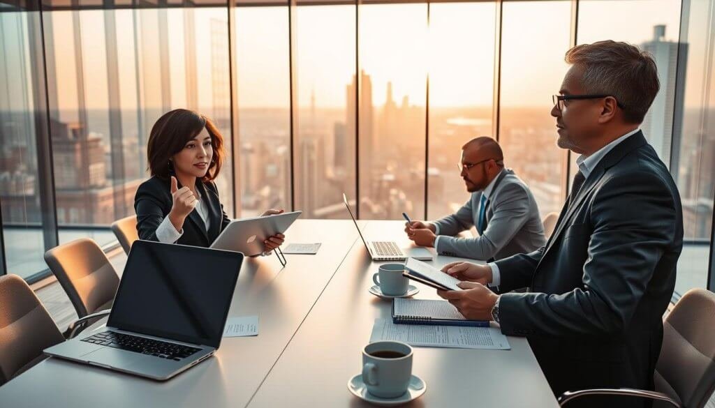 A professional business meeting scene illustrating Gasimo partner prospecting. In the foreground, a diverse group of three individuals dressed in smart business attire exudes engagement and collaboration. One person, a confident woman with short dark hair, gestures as she presents data on a sleek tablet, while a middle-aged man with glasses listens intently, taking notes in a notebook. In the middle ground, a large conference table is adorned with open laptops, documents, and coffee cups, creating a vibrant atmosphere of productivity. The background features a modern office with glass walls, showcasing a panoramic city view, bathed in warm afternoon sunlight. The mood is focused and dynamic, emphasizing the importance of forging partnerships in the AI sector. A professional business meeting scene illustrating Gasimo partner prospecting. In the foreground, a diverse group of three individuals dressed in smart business attire exudes engagement and collaboration. One person, a confident woman with short dark hair, gestures as she presents data on a sleek tablet, while a middle-aged man with glasses listens intently, taking notes in a notebook. In the middle ground, a large conference table is adorned with open laptops, documents, and coffee cups, creating a vibrant atmosphere of productivity. The background features a modern office with glass walls, showcasing a panoramic city view, bathed in warm afternoon sunlight. The mood is focused and dynamic, emphasizing the importance of forging partnerships in the AI sector.