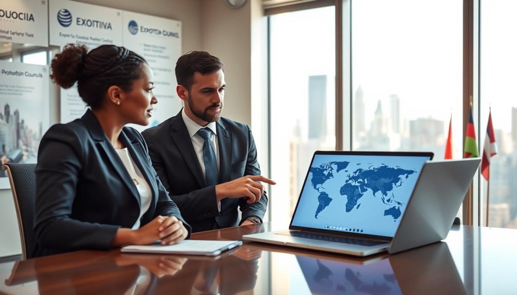 A professional business meeting scene set in a modern conference room. In the foreground, two diverse professionals engaged in a discussion, one pointing at a laptop displaying a global trade map, both dressed in business attire. In the middle ground, a large window offers a view of a bustling city skyline, symbolizing international trade. The background features visual elements like posters of export promotion councils and various country flags, emphasizing global connections. Soft natural lighting floods the room, creating a warm yet focused atmosphere. The angle captures the determination and collaboration of the professionals, reflecting the strategic importance of export promotion in global trade.