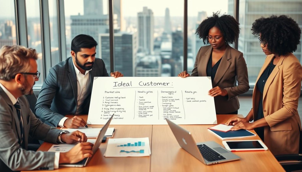 A professional business meeting scene set in a modern office. In the foreground, a diverse group of three individuals, one South Asian man, one Caucasian woman, and one Black woman, are engaged in a discussion, all dressed in smart business attire. On the table are charts, graphs, and laptops displaying market data. In the middle ground, a large whiteboard features a clearly defined ideal customer profile, showcasing demographic details and buyer personas with bullet points. The background includes a cityscape visible through large windows, bathed in warm, natural light, suggesting a bright and collaborative atmosphere. Capture the mood of strategic thinking and professionalism, using a slight overhead angle to enhance the sense of engagement in the meeting. A professional business meeting scene set in a modern office. In the foreground, a diverse group of three individuals, one South Asian man, one Caucasian woman, and one Black woman, are engaged in a discussion, all dressed in smart business attire. On the table are charts, graphs, and laptops displaying market data. In the middle ground, a large whiteboard features a clearly defined ideal customer profile, showcasing demographic details and buyer personas with bullet points. The background includes a cityscape visible through large windows, bathed in warm, natural light, suggesting a bright and collaborative atmosphere. Capture the mood of strategic thinking and professionalism, using a slight overhead angle to enhance the sense of engagement in the meeting.