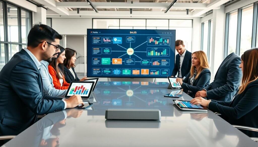 A professional business setting showcasing an integrated sales stack pipeline. In the foreground, diverse businesspeople in professional attire are gathered around a sleek conference table, engaged in a discussion with digital tablets displaying colorful sales metrics. The middle layer features a large, modern digital screen displaying interconnected flowcharts and graphs highlighting various stages of the sales process. The background includes a bright, open office space with large windows, allowing natural light to fill the room, creating a dynamic atmosphere. The scene uses a wide-angle lens to capture the collaborative environment and the sophistication of the technology, emphasizing a productive and innovative mood. A professional business setting showcasing an integrated sales stack pipeline. In the foreground, diverse businesspeople in professional attire are gathered around a sleek conference table, engaged in a discussion with digital tablets displaying colorful sales metrics. The middle layer features a large, modern digital screen displaying interconnected flowcharts and graphs highlighting various stages of the sales process. The background includes a bright, open office space with large windows, allowing natural light to fill the room, creating a dynamic atmosphere. The scene uses a wide-angle lens to capture the collaborative environment and the sophistication of the technology, emphasizing a productive and innovative mood.