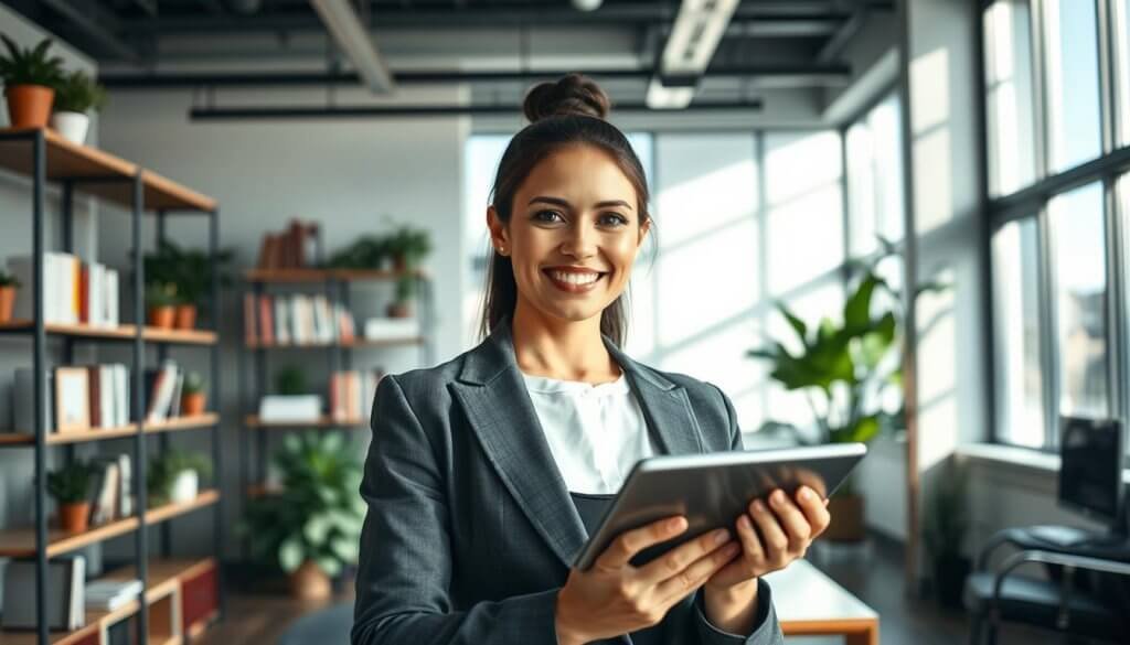 A professional businesswoman stands confidently in a modern office environment, showcasing a buyer-centric personal brand. She wears smart business attire, exuding professionalism and approachability. In the foreground, her expression is warm and engaging as she gestures towards a digital tablet displaying data analytics. In the middle ground, shelves filled with books and plants create a welcoming atmosphere. The background features large windows allowing natural light to flood the space, illuminating the scene and casting soft shadows. The camera angle is slightly angled upward, emphasizing her authority while maintaining a relatable vibe. The overall mood is empowering and inspiring, reflecting success in building connections with clients and understanding their needs. A professional businesswoman stands confidently in a modern office environment, showcasing a buyer-centric personal brand. She wears smart business attire, exuding professionalism and approachability. In the foreground, her expression is warm and engaging as she gestures towards a digital tablet displaying data analytics. In the middle ground, shelves filled with books and plants create a welcoming atmosphere. The background features large windows allowing natural light to flood the space, illuminating the scene and casting soft shadows. The camera angle is slightly angled upward, emphasizing her authority while maintaining a relatable vibe. The overall mood is empowering and inspiring, reflecting success in building connections with clients and understanding their needs.