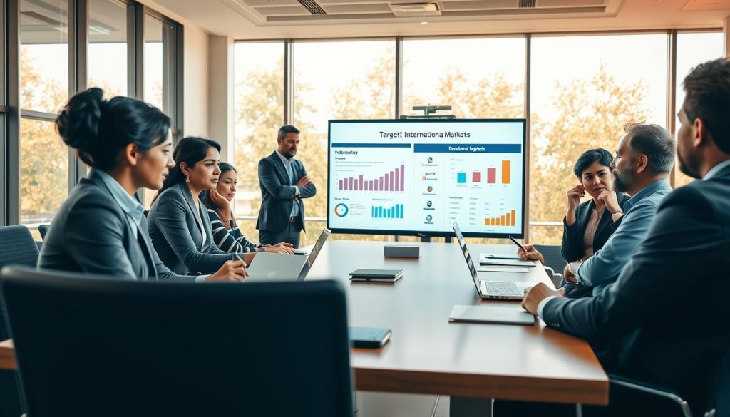 A professional conference setting featuring a diverse group of businesspeople gathered around a large conference table, engaged in a focused discussion about targeting international markets. The foreground shows a South Asian woman in professional attire, analyzing data on a laptop, while in the middle ground, a middle-aged Caucasian man presents ideas on a digital projector, with a chart displaying potential buyer demographics. In the background, large windows let in warm, natural light, creating an inviting atmosphere. The mood is collaborative and optimistic, emphasizing teamwork and strategic planning. Use a slightly elevated angle to capture the dynamics of the room, highlighting both engagement and professionalism without any text or distractions.