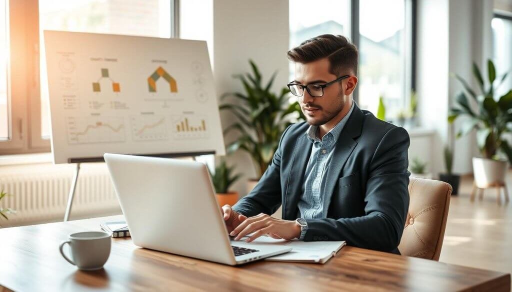 A professional-looking individual in a modern office setting, dressed in smart casual attire, is analyzing data on a sleek laptop. In the foreground, the person is deeply focused, with a thoughtful expression, sitting at a stylish wooden desk adorned with a few strategic notes and a cup of coffee. The middle ground features a whiteboard with various flow charts and diagrams, illustrating growth strategies and customer insights. In the background, soft natural lighting filters through large windows, casting a warm glow on the space, while potted plants add a touch of greenery. The atmosphere is calm and productive, reflecting a sense of clarity and determination in pursuing effective business strategies. A professional-looking individual in a modern office setting, dressed in smart casual attire, is analyzing data on a sleek laptop. In the foreground, the person is deeply focused, with a thoughtful expression, sitting at a stylish wooden desk adorned with a few strategic notes and a cup of coffee. The middle ground features a whiteboard with various flow charts and diagrams, illustrating growth strategies and customer insights. In the background, soft natural lighting filters through large windows, casting a warm glow on the space, while potted plants add a touch of greenery. The atmosphere is calm and productive, reflecting a sense of clarity and determination in pursuing effective business strategies.