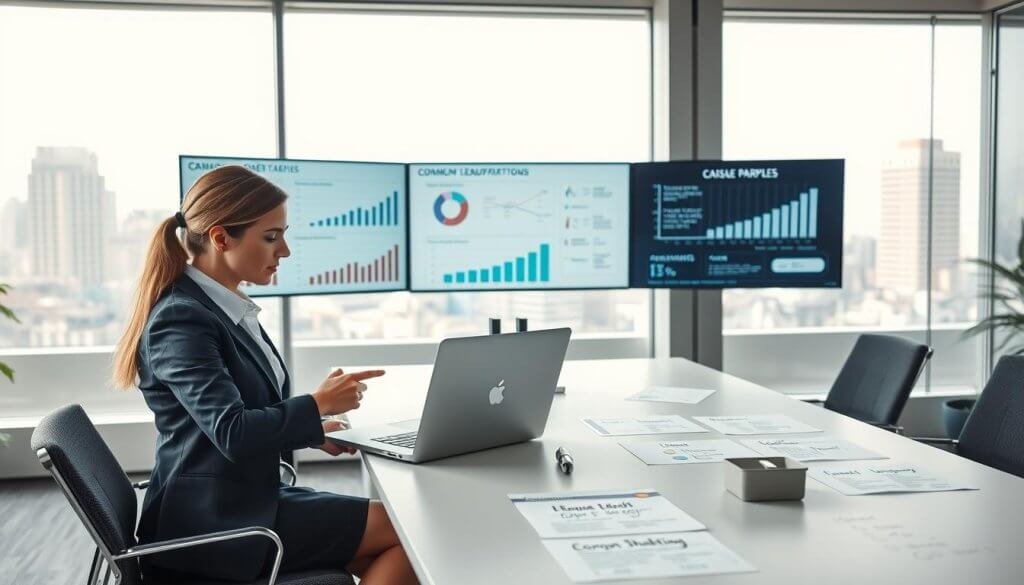 A professional office environment depicting a multi-screen setup showcasing modern SaaS lead generation tools. In the foreground, a focused businesswoman in smart casual attire examines data charts on her laptop, with expressions of determination and insight. In the middle ground, a sleek conference table is filled with documents and brainstorming notes highlighting common pitfalls, such as miscommunication and vague targeting. The background features a large window with city views, bathing the room in soft, natural light. The atmosphere is collaborative yet analytical, embodying a balance of innovation and strategic thinking. Emphasize a clean, modern aesthetic with a professional color palette, avoiding clutter and distractions. A professional office environment depicting a multi-screen setup showcasing modern SaaS lead generation tools. In the foreground, a focused businesswoman in smart casual attire examines data charts on her laptop, with expressions of determination and insight. In the middle ground, a sleek conference table is filled with documents and brainstorming notes highlighting common pitfalls, such as miscommunication and vague targeting. The background features a large window with city views, bathing the room in soft, natural light. The atmosphere is collaborative yet analytical, embodying a balance of innovation and strategic thinking. Emphasize a clean, modern aesthetic with a professional color palette, avoiding clutter and distractions.
