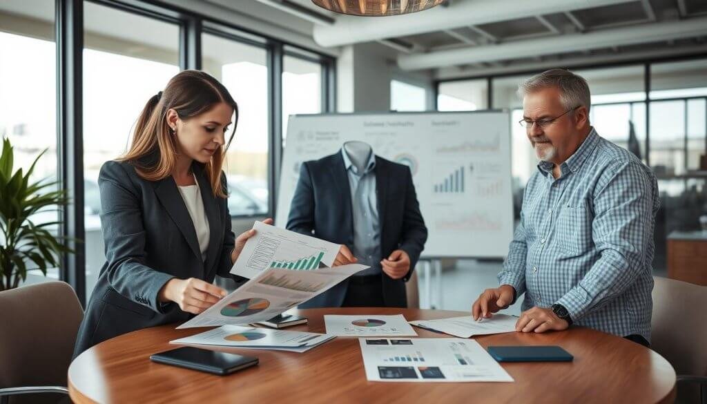 A professional office environment, featuring a round table with three business professionals engaged in a discussion about evaluating technical maturity. In the foreground, a diverse trio—a woman in a smart blazer, a man in a tailored suit, and a middle-aged person in a stylish button-up shirt—analyze technical documents and digital devices, showcasing charts and graphs. The middle ground includes a whiteboard filled with technical metrics and growth potential, reflecting a serious atmosphere. The background depicts a modern office with large windows letting in soft, natural light, creating an inspiring ambiance. Use a wide-angle lens to capture the collaborative spirit and dynamic energy of the meeting, focusing on the expressions of thoughtfulness and determination on the participants' faces. A professional office environment, featuring a round table with three business professionals engaged in a discussion about evaluating technical maturity. In the foreground, a diverse trio—a woman in a smart blazer, a man in a tailored suit, and a middle-aged person in a stylish button-up shirt—analyze technical documents and digital devices, showcasing charts and graphs. The middle ground includes a whiteboard filled with technical metrics and growth potential, reflecting a serious atmosphere. The background depicts a modern office with large windows letting in soft, natural light, creating an inspiring ambiance. Use a wide-angle lens to capture the collaborative spirit and dynamic energy of the meeting, focusing on the expressions of thoughtfulness and determination on the participants' faces.