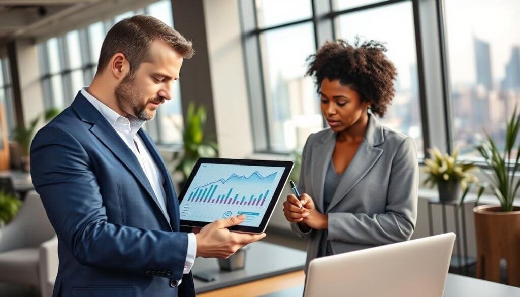 A professional office setting showcasing two diverse business professionals, a man and a woman, engaged in a collaborative discussion over a digital tablet. In the foreground, the man, dressed in a crisp blue suit, points to growth charts on the tablet, showcasing strategic insights on managing inbound and outbound partnerships. The woman, in a smart casual blazer, engages thoughtfully, jotting down notes. In the middle, modern office furniture and plants add warmth, while a large window in the background reveals a city skyline, bathed in soft morning light. The atmosphere is focused and energetic, conveying the essence of teamwork and growth in a high-stakes B2B environment.