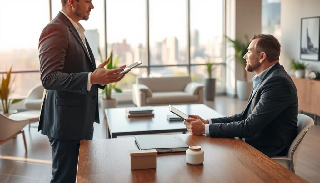 A professional setting featuring a confident salesperson engaged in a qualified sales conversation with a potential client. The foreground shows the salesperson in a smart business suit, gesturing confidently while holding a tablet, and the client sitting across the table, nodding thoughtfully, dressed in business casual attire. In the middle ground, a modern office with sleek furniture and a large window displaying a city skyline, symbolizing success and growth. The background includes soft-focus office elements like plants and art pieces to create a cohesive atmosphere. Natural light pours in from the window, casting warm tones, emphasizing a positive and engaging mood, focusing on mastery and professionalism in sales conversations. Utilize a slightly angled perspective to convey depth in the scene. A professional setting featuring a confident salesperson engaged in a qualified sales conversation with a potential client. The foreground shows the salesperson in a smart business suit, gesturing confidently while holding a tablet, and the client sitting across the table, nodding thoughtfully, dressed in business casual attire. In the middle ground, a modern office with sleek furniture and a large window displaying a city skyline, symbolizing success and growth. The background includes soft-focus office elements like plants and art pieces to create a cohesive atmosphere. Natural light pours in from the window, casting warm tones, emphasizing a positive and engaging mood, focusing on mastery and professionalism in sales conversations. Utilize a slightly angled perspective to convey depth in the scene.