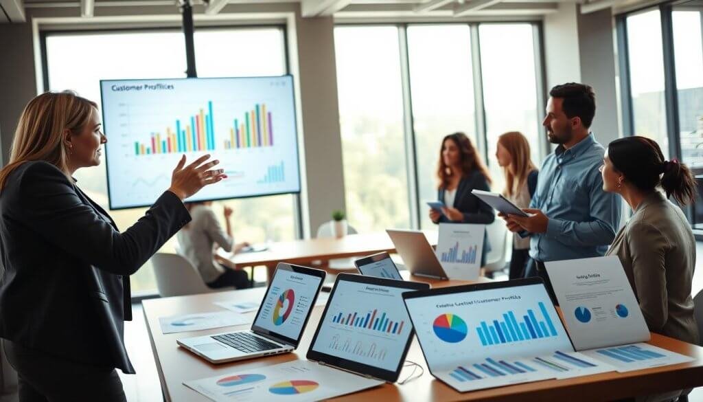 A professional workspace scene depicting a group of diverse business professionals analyzing data analytics on a large digital screen. In the foreground, a focused woman in a smart blazer gestures toward a colorful graph on the screen, while a man in a neatly pressed shirt takes notes on a tablet. In the middle, tables with laptops and data reports are scattered, showcasing various metrics related to customer profiles, with pie charts and bar graphs vividly displayed. The background features a modern office environment with large windows, allowing soft, natural light to illuminate the space, creating a bright and motivational atmosphere. The overall mood is dynamic and collaborative, emphasizing teamwork and strategic thinking in identifying ideal customer profiles. A professional workspace scene depicting a group of diverse business professionals analyzing data analytics on a large digital screen. In the foreground, a focused woman in a smart blazer gestures toward a colorful graph on the screen, while a man in a neatly pressed shirt takes notes on a tablet. In the middle, tables with laptops and data reports are scattered, showcasing various metrics related to customer profiles, with pie charts and bar graphs vividly displayed. The background features a modern office environment with large windows, allowing soft, natural light to illuminate the space, creating a bright and motivational atmosphere. The overall mood is dynamic and collaborative, emphasizing teamwork and strategic thinking in identifying ideal customer profiles.