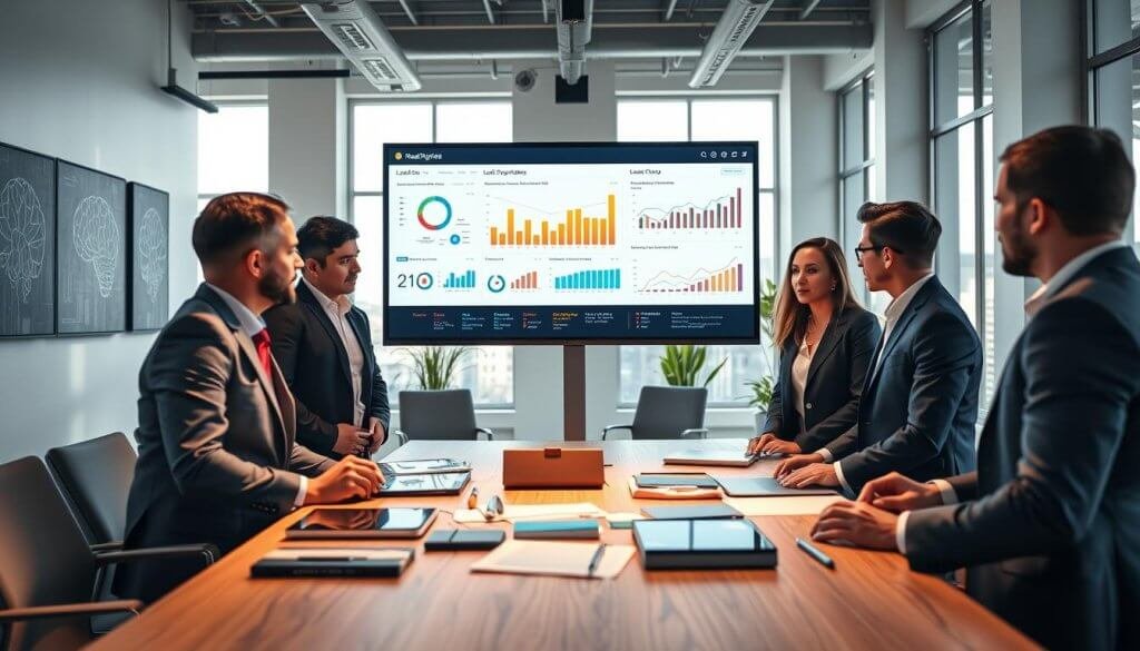 A sleek, modern office space serves as the setting, decorated with artificial intelligence-themed artwork on the walls. In the foreground, a diverse team of three professionals, dressed in smart business attire, is gathered around a large digital screen displaying colorful charts and graphs representing lead scoring metrics and data analytics. The middle ground features a table cluttered with tablets and notepads, emphasizing active collaboration. In the background, large windows let in soft, natural light, casting gentle shadows that enhance the atmosphere of innovation and focus. The image has a bright and optimistic mood, illustrating the dynamic intersection of technology and teamwork in prospecting and outreach efforts. The angle captures both the engagement of the team and the high-tech environment around them.