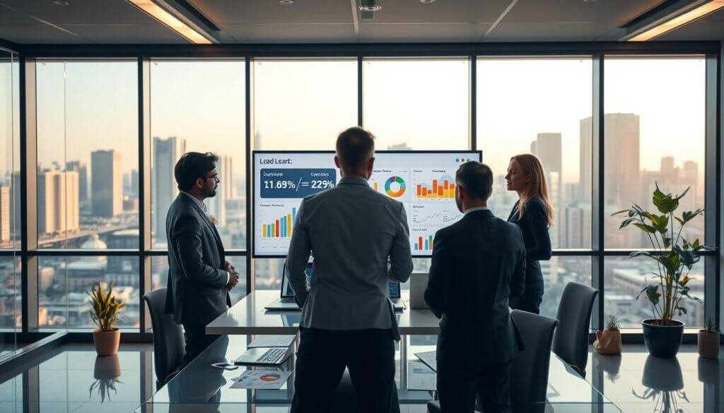 A sleek, modern office space with a large glass window revealing a city skyline in the background, bathed in soft natural light. In the foreground, a diverse group of three professionals in smart business attire are engaged in a dynamic discussion around a digital dashboard displaying colorful lead scoring metrics and graphs. The middle ground features a polished conference table with laptops and charts scattered about, suggesting a collaborative atmosphere. Warm ambient lighting accentuates the professional mood, while a few potted plants add a touch of greenery. The composition should evoke a sense of focus and productivity, reflecting the themes of strategic decision-making and measurement in sales development.