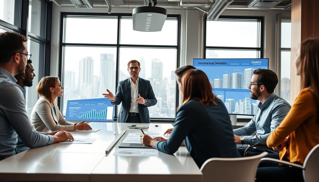A sleek office environment filled with natural light, showcasing a diverse group of professionals collaborating around a modern conference table. In the foreground, a confident founder, dressed in professional attire, passionately presents innovative lead generation strategies, while colleagues actively engage, taking notes and brainstorming ideas. The middle ground features elegant charts and digital screens displaying growth metrics and visualizations of the Gasimo lead generation process, emphasizing data-driven decision making. The background includes large windows with a city skyline view, symbolizing ambition and expansion. The atmosphere is dynamic and focused, with a soft, warm glow from the overhead lighting, creating an inspiring and productive mood. A sleek office environment filled with natural light, showcasing a diverse group of professionals collaborating around a modern conference table. In the foreground, a confident founder, dressed in professional attire, passionately presents innovative lead generation strategies, while colleagues actively engage, taking notes and brainstorming ideas. The middle ground features elegant charts and digital screens displaying growth metrics and visualizations of the Gasimo lead generation process, emphasizing data-driven decision making. The background includes large windows with a city skyline view, symbolizing ambition and expansion. The atmosphere is dynamic and focused, with a soft, warm glow from the overhead lighting, creating an inspiring and productive mood.