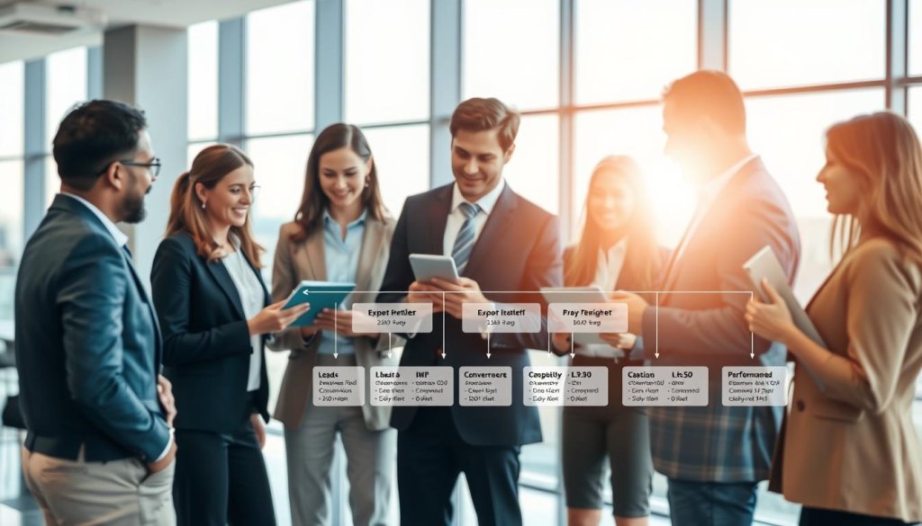 A visually engaging image depicting a flowchart-style export sales pipeline in a corporate environment. In the foreground, include diverse business professionals in professional attire engaged in animated discussions around digital tablets and documents, symbolizing collaboration and strategy. The middle ground features a clear, structured pipeline graphic, illustrating key metrics such as leads, conversion rates, and sales performance data. The background should portray a modern office with large windows that allow natural light to flood in, creating a bright and optimistic atmosphere. Use soft focus for the backgrounds to enhance the foreground elements, while maintaining a professional, motivational mood that reflects a proactive business culture. A visually engaging image depicting a flowchart-style export sales pipeline in a corporate environment. In the foreground, include diverse business professionals in professional attire engaged in animated discussions around digital tablets and documents, symbolizing collaboration and strategy. The middle ground features a clear, structured pipeline graphic, illustrating key metrics such as leads, conversion rates, and sales performance data. The background should portray a modern office with large windows that allow natural light to flood in, creating a bright and optimistic atmosphere. Use soft focus for the backgrounds to enhance the foreground elements, while maintaining a professional, motivational mood that reflects a proactive business culture.