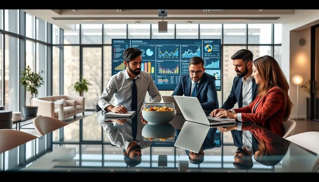 A visually engaging scene depicting a hybrid account-based marketing strategy for B2B SaaS companies. In the foreground, a diverse group of three professionals dressed in smart business attire are collaborating around a modern glass conference table, analyzing charts and digital marketing analytics on laptops and tablets. The middle ground features a large digital screen displaying a data-driven marketing dashboard with various key performance indicators. In the background, the office space has large windows allowing natural light to flood in, and sleek furniture that evokes a sense of innovation and professionalism. The atmosphere is dynamic and focused, highlighting teamwork and strategic planning in a high-tech environment. Soft lighting creates a warm yet professional ambiance.