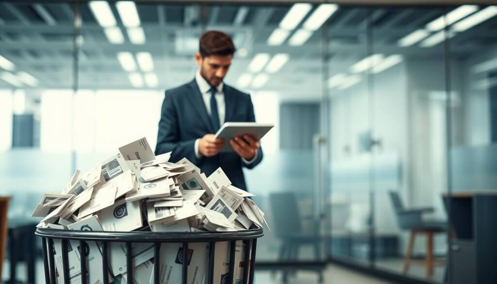 A visually striking, conceptual image representing the "cost of unqualified leads" in a B2B SaaS context. In the foreground, a large, overflowing trash bin filled with generic business cards and digital icons, symbolizing wasted resources. In the middle ground, a pensive business professional in a crisp suit examining a data chart on a tablet, highlighting the crucial decision-making process. The background features a blurred office environment with glass walls, showcasing a modern workspace. The lighting is bright and professional, emitting a slight glow to emphasize the seriousness of the subject, akin to a focus on clarity in business strategy. The atmosphere conveys urgency and the need for strategic precision in lead generation, devoid of any distractions or extraneous elements.
