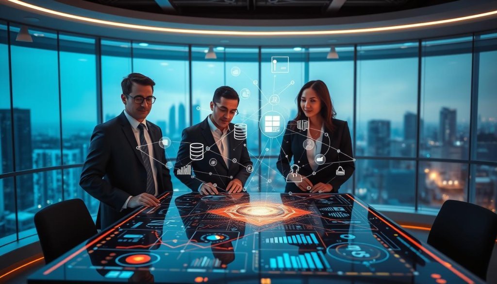 A visually striking image representing "data foundations" in the context of a modern business setting. In the foreground, a diverse group of three professionals, dressed in smart business attire, collaborate around a high-tech digital table displaying dynamic graphs and data visualizations. In the middle ground, translucent layers of interconnected data streams and database icons weave through the air, symbolizing complex data integration and challenges in implementation. In the background, a futuristic office space with large windows revealing a city skyline, bathed in soft blue and white ambient lighting, creates a thoughtful atmosphere. The camera angle is slightly elevated for a comprehensive view, emphasizing the collaboration and the integration of data with human expertise in the sales process.
